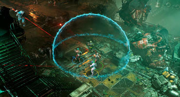 Szene aus The Ascent: Vier Spielfiguren stehen unter einer blauen Energiekuppel in einer industriellen Cyberpunk-Umgebung.