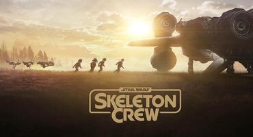 Auf dem Poster der Star Wars Serie Skeleton Crew sind mehrere Kinder zu sehen, die zu einem Raumschiff laufen