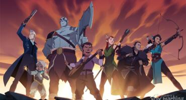 Die Charaktere der Animationsserie The Legend of Vox Machina posieren auf einem Hügel