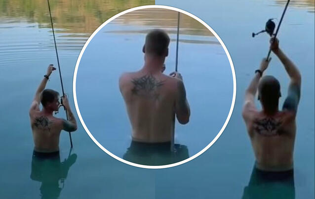 Peter Wollny steht mit freiem Oberkörper im See und angelt