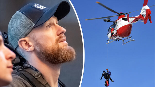 Symbolbild/Collage: Fritz Meinecke blickt gebannt gen Himmel. Rechts fliegt ein Rettungshubschrauber