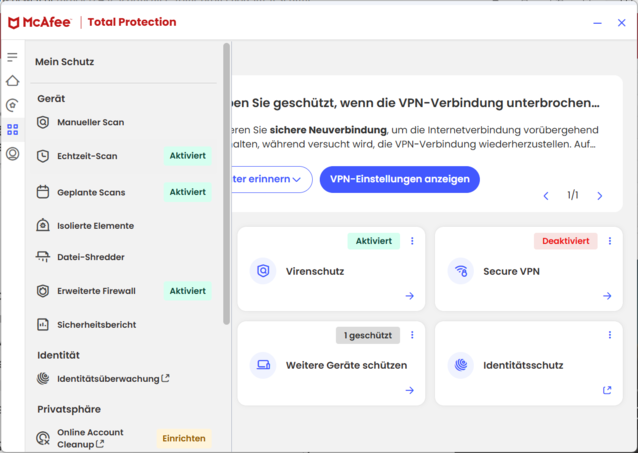 McAfee Total Protection Menü