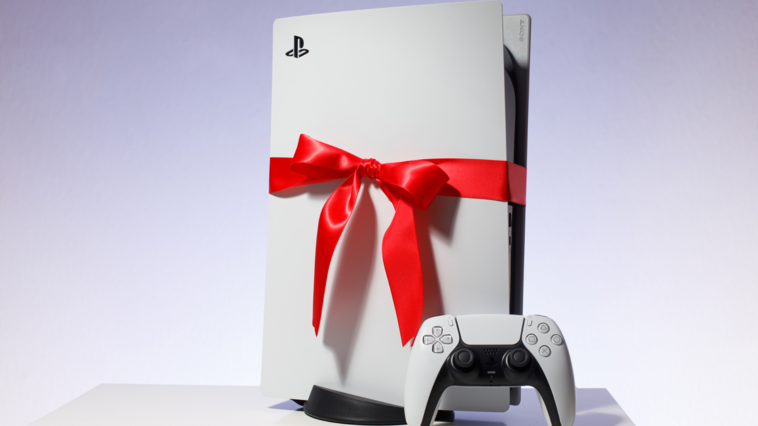 Playstation 5 mit Schleife in rot