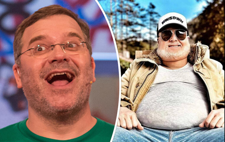 Foto-Collage: Links lacht Elton mit aufgerissenem Mund ins Bild, rechts sitzt Stefan Raab mit dickem Bauch, grauem Bart, Brille und Kappe