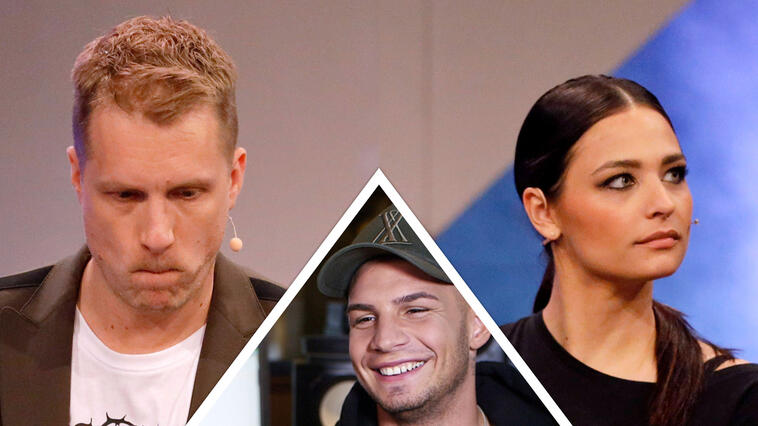 Oliver Pocher und Ex-Frau Amira Aly schauen betroffen, Pietro Lombardi lacht