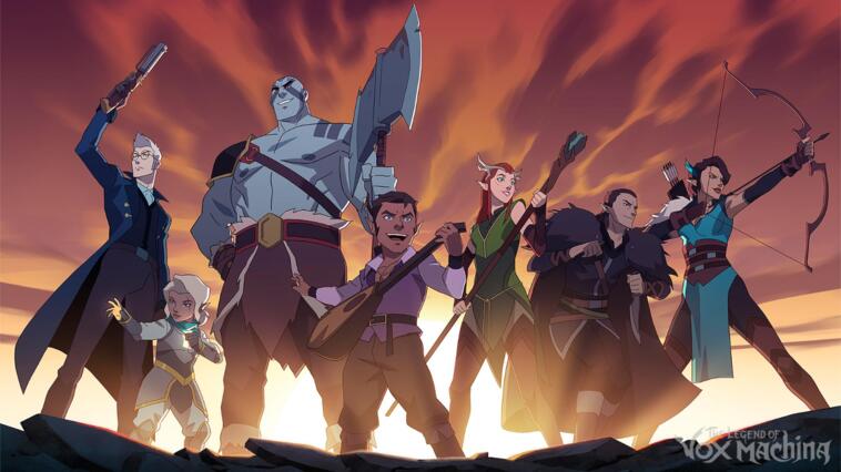 Die Charaktere der Animationsserie The Legend of Vox Machina posieren auf einem Hügel